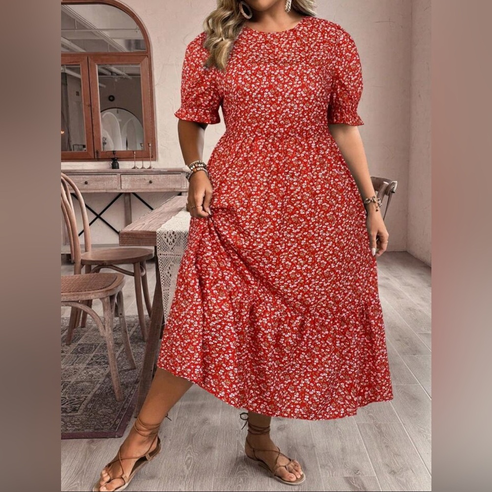 Red Floral Midi Dress